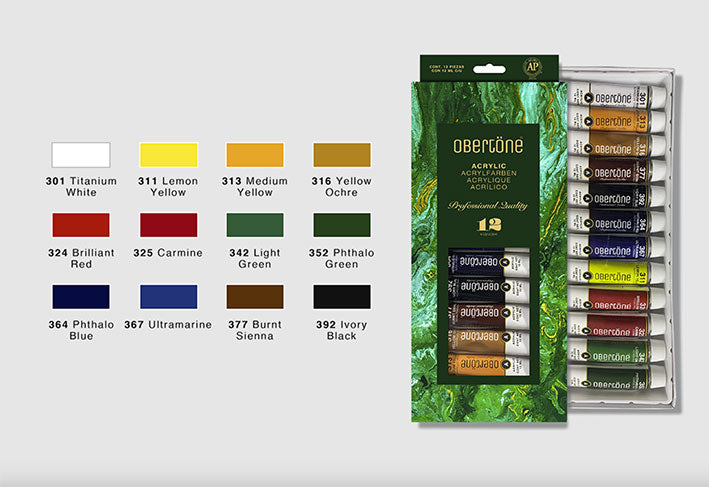 Set de Pinturas Acrílicas Premium - Obertone Premium - 12 Tubos de Pintura Acrílica 12ml