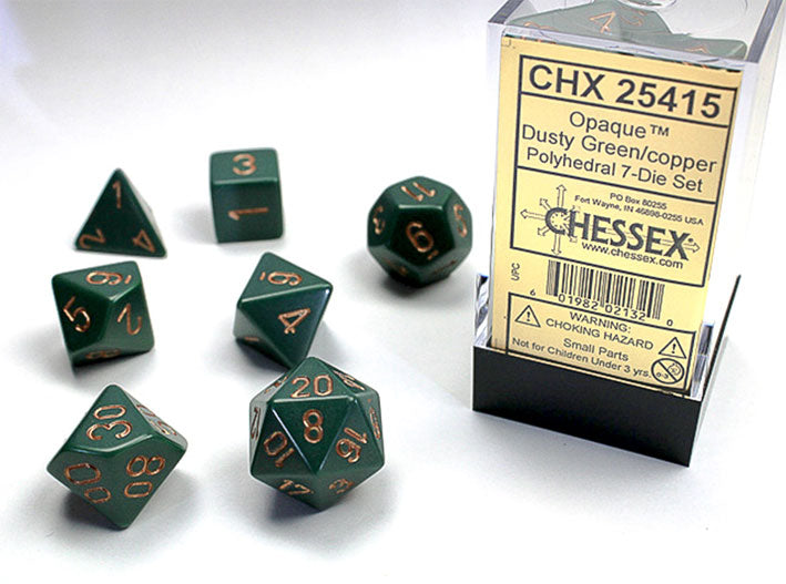 Set de Dados de 7 pzas: Opaque Polyhedral Verde con Números Cobres
