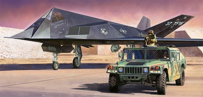 Modelo a escala 1/48 para armar: F-117A Nighthawk & U.S. Modern 4X4 Utility Vehicle