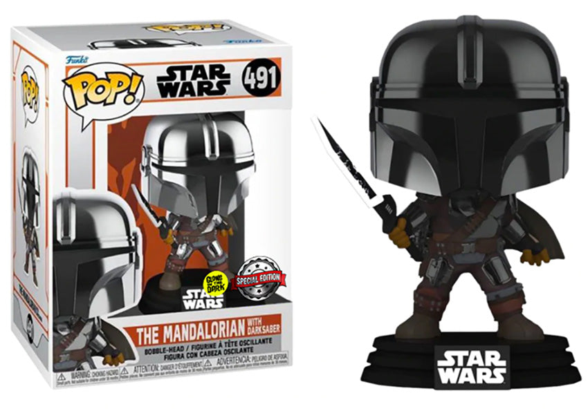 Funko Pop Star Wars: El Mandaloriano - Mandaloriano con Dark Saber Glows in the Dark